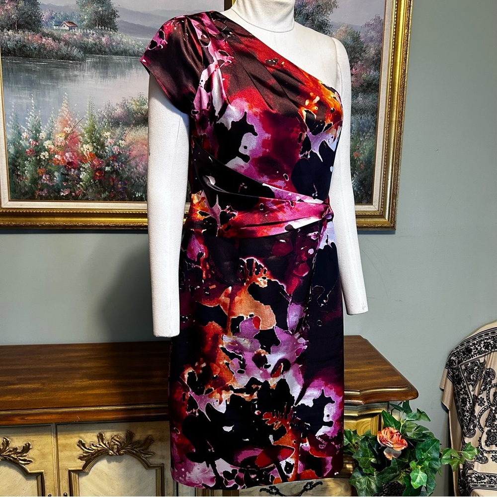 Tahari One Shoulder Black Purple Pink Lilac Danika One Shoulder Floral Dress - Picture 7 of 15